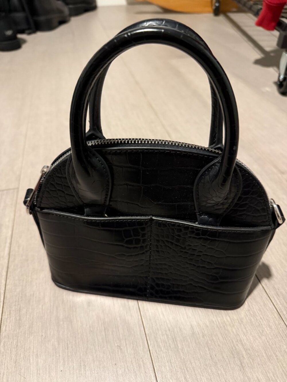 Zara Animal Embossed Faux Leather Black Bowling Mini Satchel with Chain